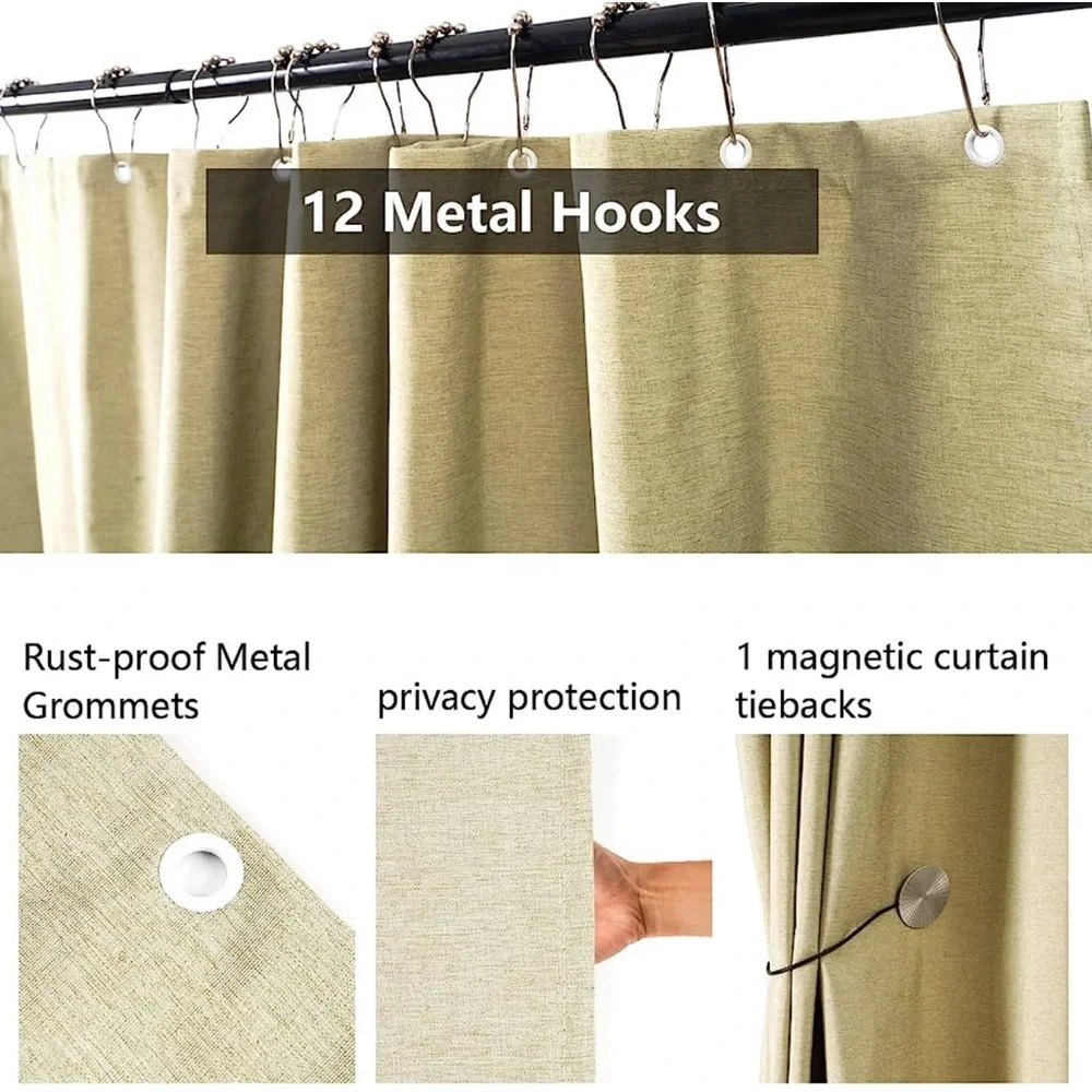 Linen Shower Curtain for Bathroom Waterproof and Machine Washable (Green)